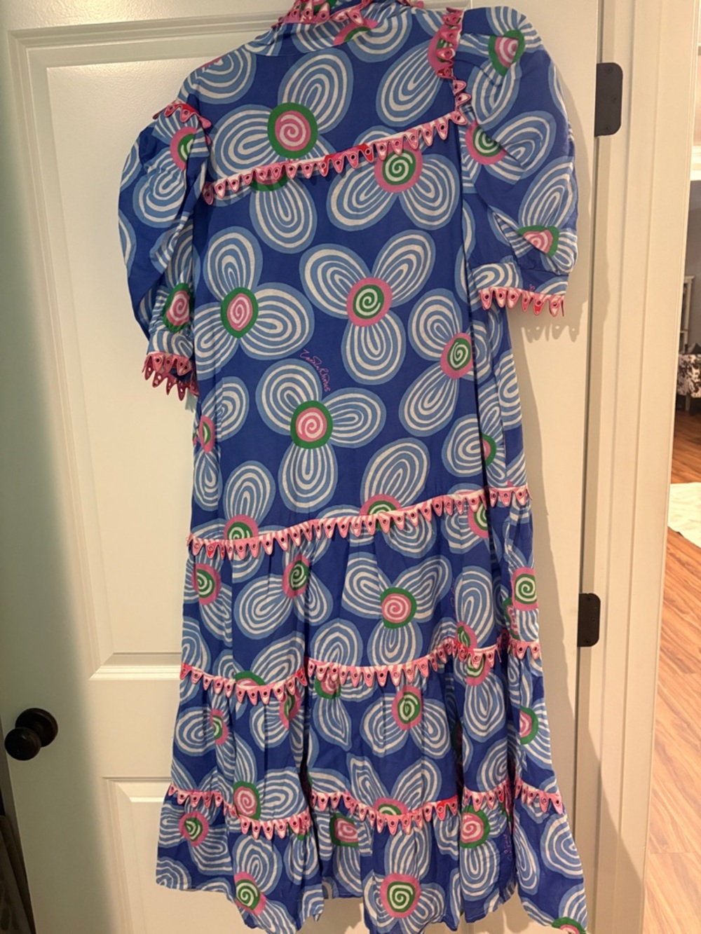 CeliaB Blue Swirl Floral Tiered Dress with Pink Trim Accents - Picture 3 of 3
